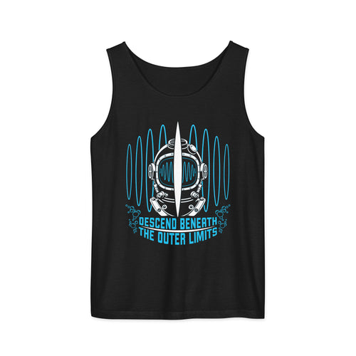 "Beneath The Outer Limits" garment-dyed tank top in black, flat lay, featuring the large graphic of a vintage diving helmet split by a surfboard fin, framed by blue broadcast test-pattern rings with an oscillating waveform, rising bubbles, and the text "DESCEND BENEATH THE OUTER LIMITS" – "Beneath The Outer Limits" Series by 17th & Surf