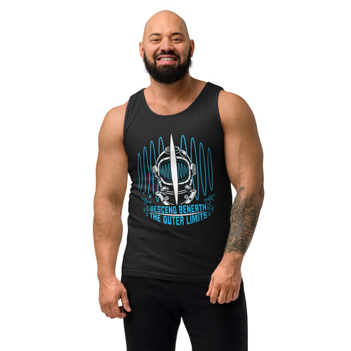 "Beneath The Outer Limits" garment-dyed tank top in black, front view on male model, featuring the large graphic of a vintage diving helmet split by a surfboard fin, framed by blue broadcast test-pattern rings, with the text "DESCEND BENEATH THE OUTER LIMITS" – "Beneath The Outer Limits" Series by 17th & Surf