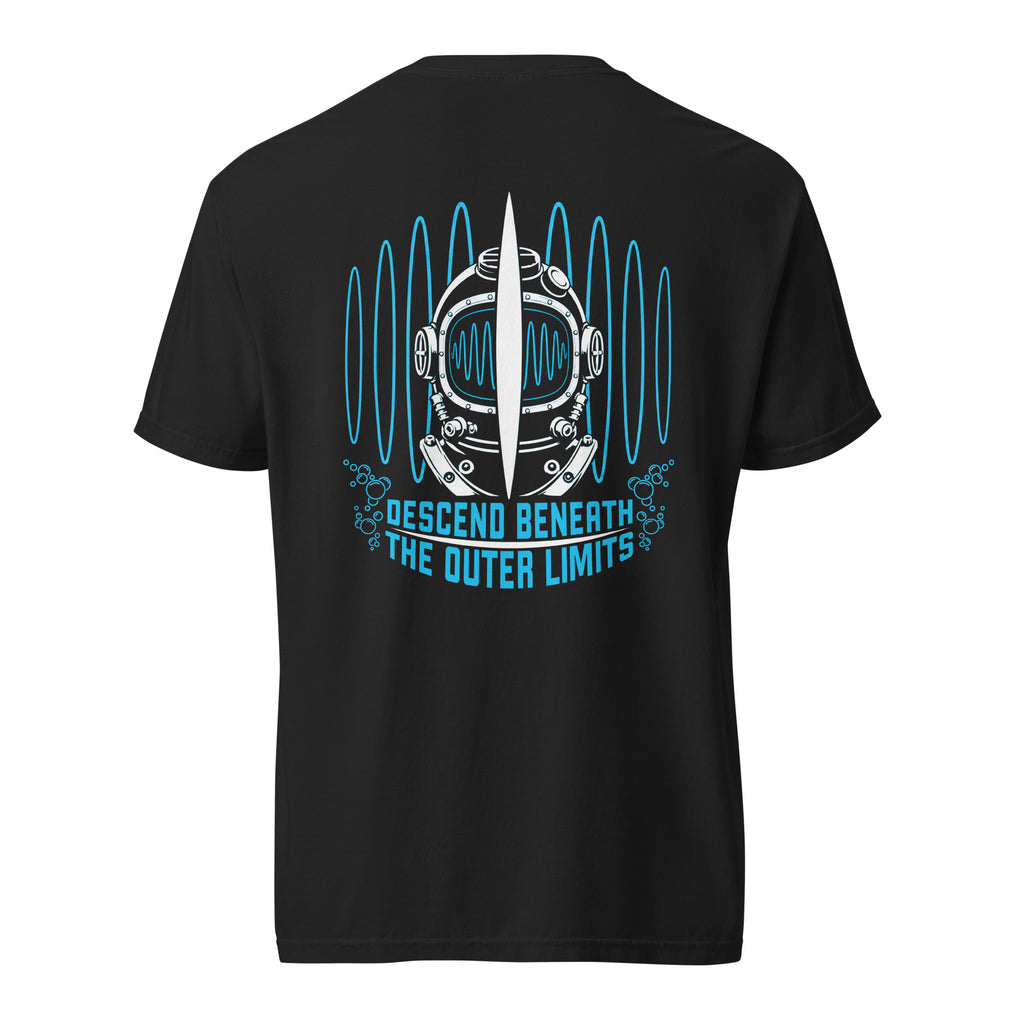 "Beneath The Outer Limits" garment-dyed heavyweight tee, back flat lay, featuring the large graphic of a vintage diving helmet split by a surfboard fin, framed by blue broadcast test-pattern rings with an oscillating waveform, rising bubbles, and the text "DESCEND BENEATH THE OUTER LIMITS" – "Beneath The Outer Limits" Series by 17th & Surf
