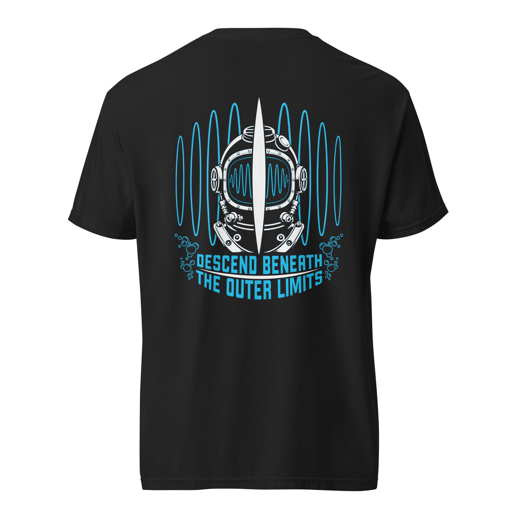 "Beneath The Outer Limits" garment-dyed heavyweight tee, back flat lay, featuring the large graphic of a vintage diving helmet split by a surfboard fin, framed by blue broadcast test-pattern rings with an oscillating waveform, rising bubbles, and the text "DESCEND BENEATH THE OUTER LIMITS" – "Beneath The Outer Limits" Series by 17th & Surf
