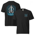 "Beneath The Outer Limits" garment-dyed heavyweight tee, flat lay front and back, featuring the small blue "WE ARE IN CONTROL" broadcast test-pattern chest logo with "17th & Surf" text on front and the large back graphic of a vintage diving helmet split by a surfboard fin, framed by blue test-pattern rings with an oscillating waveform and the text "DESCEND BENEATH THE OUTER LIMITS" – "Beneath The Outer Limits" Series by 17th & Surf