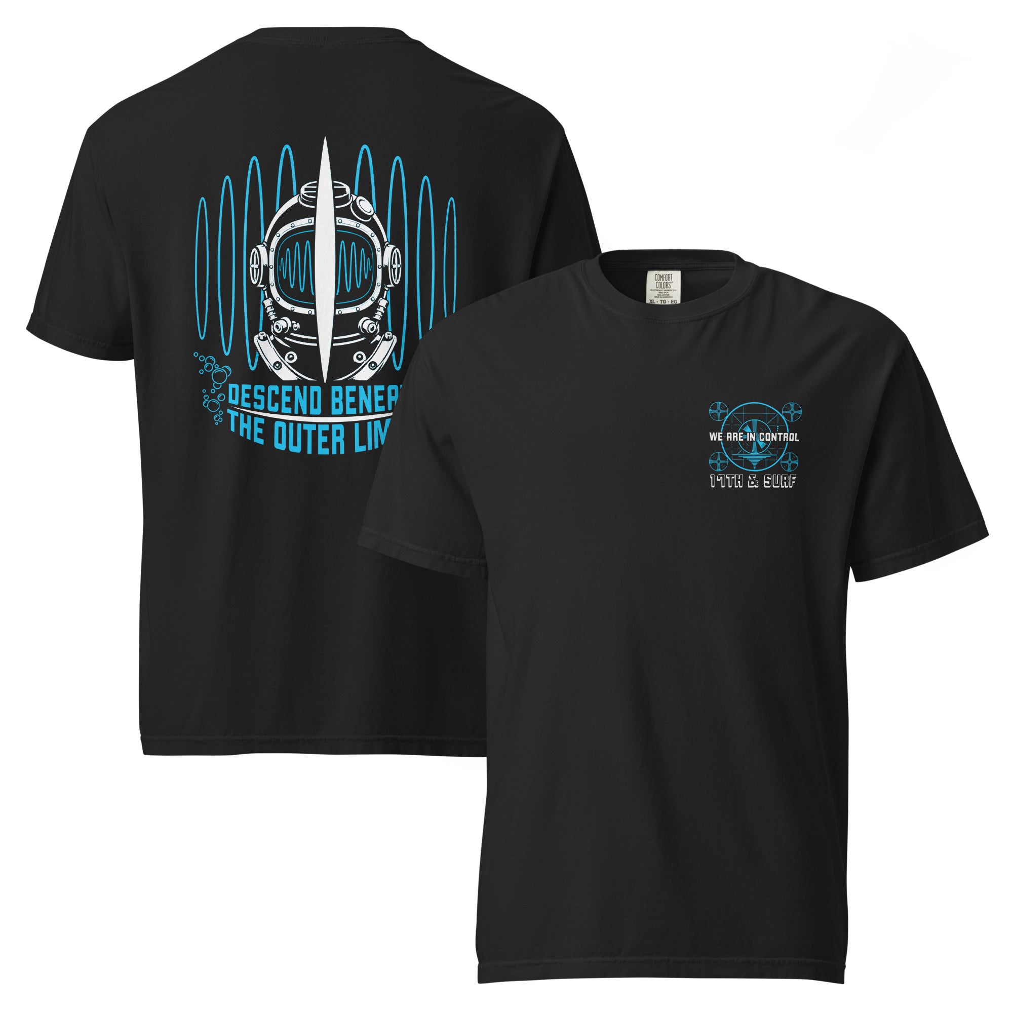 "Beneath The Outer Limits" garment-dyed heavyweight tee, flat lay front and back, featuring the small blue "WE ARE IN CONTROL" broadcast test-pattern chest logo with "17th & Surf" text on front and the large back graphic of a vintage diving helmet split by a surfboard fin, framed by blue test-pattern rings with an oscillating waveform and the text "DESCEND BENEATH THE OUTER LIMITS" – "Beneath The Outer Limits" Series by 17th & Surf