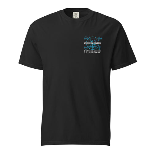 "Beneath The Outer Limits" garment-dyed heavyweight tee, front flat lay, featuring the small blue "WE ARE IN CONTROL" broadcast test-pattern chest logo with "17th & Surf" text – "Beneath The Outer Limits" Series by 17th & Surf