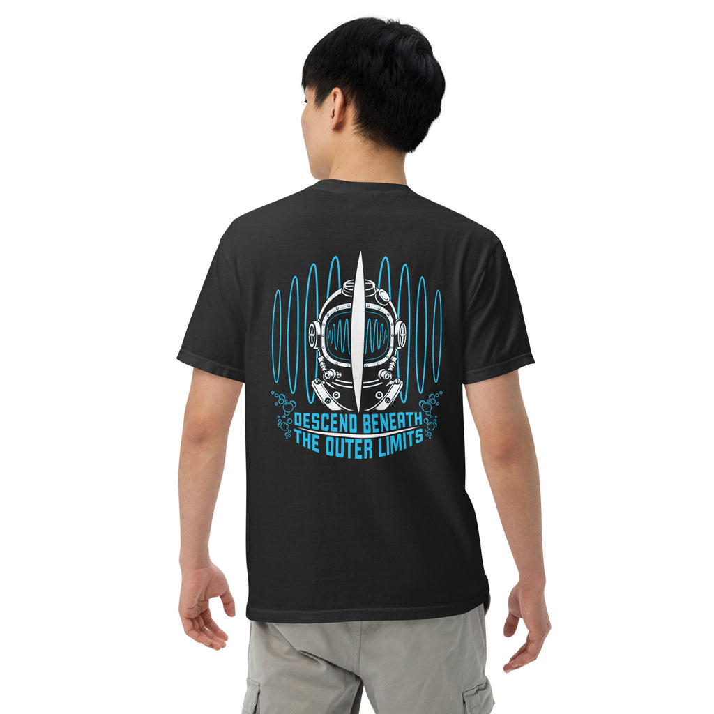 "Beneath The Outer Limits" garment-dyed heavyweight tee, back view on male model, featuring the large graphic of a vintage diving helmet split by a surfboard fin, framed by blue broadcast test-pattern rings, with the text "DESCEND BENEATH THE OUTER LIMITS" – "Beneath The Outer Limits" Series by 17th & Surf