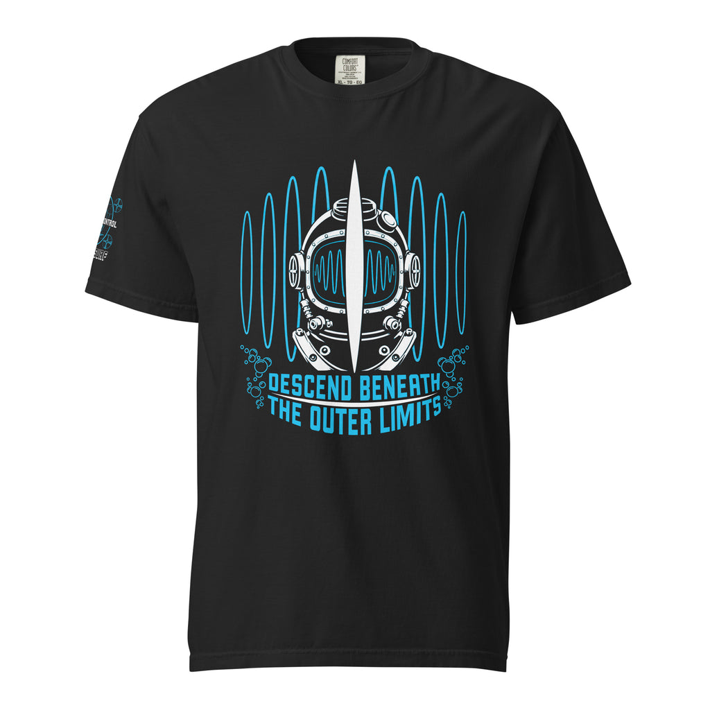 "Beneath The Outer Limits" garment-dyed heavyweight tee, front flat lay, featuring the large front-chest graphic of a vintage diving helmet split by a surfboard fin, framed by blue broadcast test-pattern rings with an oscillating waveform, rising bubbles, and the text "DESCEND BENEATH THE OUTER LIMITS," plus the small "WE ARE IN CONTROL / 17th & Surf" broadcast test-pattern logo on the sleeve – "Beneath The Outer Limits" Series by 17th & Surf