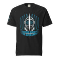 "Beneath The Outer Limits" garment-dyed heavyweight tee, front flat lay, featuring the large front-chest graphic of a vintage diving helmet split by a surfboard fin, framed by blue broadcast test-pattern rings with an oscillating waveform, rising bubbles, and the text "DESCEND BENEATH THE OUTER LIMITS," plus the small "WE ARE IN CONTROL / 17th & Surf" broadcast test-pattern logo on the sleeve – "Beneath The Outer Limits" Series by 17th & Surf