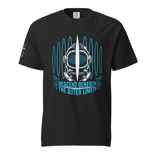 "Beneath The Outer Limits" garment-dyed heavyweight tee, front flat lay, featuring the large front-chest graphic of a vintage diving helmet split by a surfboard fin, framed by blue broadcast test-pattern rings with an oscillating waveform, rising bubbles, and the text "DESCEND BENEATH THE OUTER LIMITS," plus the small "WE ARE IN CONTROL / 17th & Surf" broadcast test-pattern logo on the sleeve – "Beneath The Outer Limits" Series by 17th & Surf