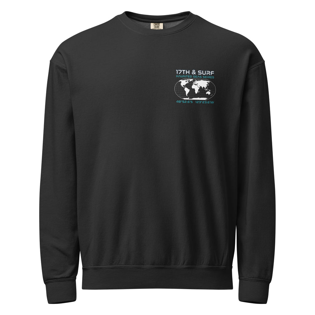 "Point Nemo" lightweight fleece crewneck sweatshirt, front flat lay, featuring the Haunted Seas Series world map patch with coordinates 48°52.6'S 123°23.6'W on the chest – "Haunted Seas" Series by 17th & Surf