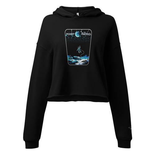 "Point Nemo" women's crop hoodie, front flat lay, featuring the large "Point Nemo" astronaut and sunken satellite wreckage graphic on the chest – "Haunted Seas" Series by 17th & Surf