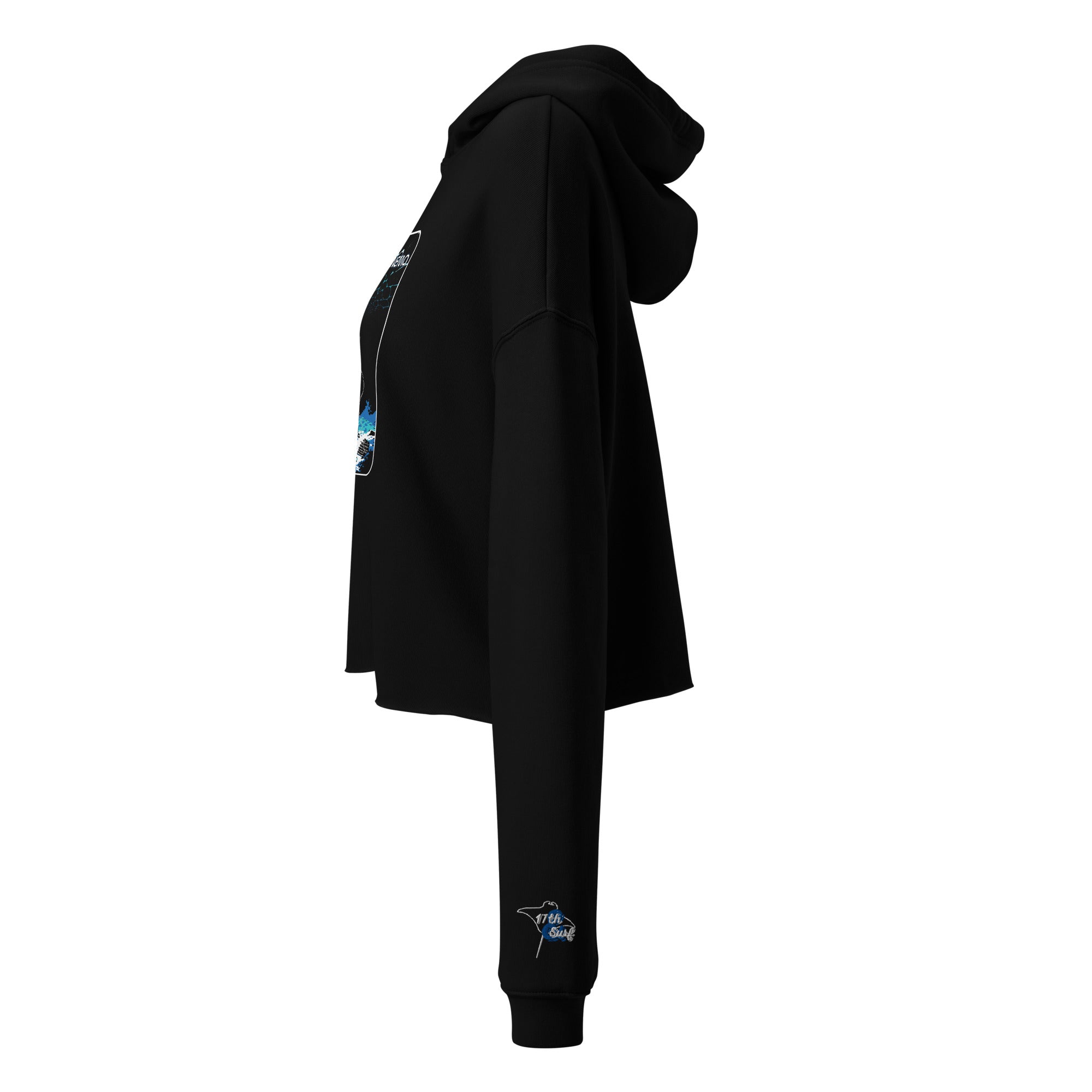 "Point Nemo" women's crop hoodie, side view, featuring the Haunted Seas Series world map sleeve patch with coordinates 48°52.6'S 123°23.6'W and a glimpse of the large "Point Nemo" graphic on the chest – "Haunted Seas" Series by 17th & Surf