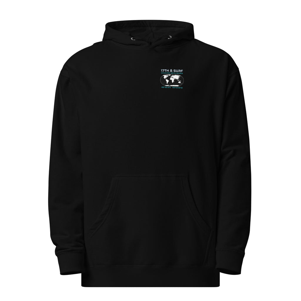"Point Nemo" garment-dyed heavyweight hoodie, front flat lay, featuring the Haunted Seas Series world map patch with coordinates 48°52.6'S 123°23.6'W on the chest – "Haunted Seas" Series by 17th & Surf