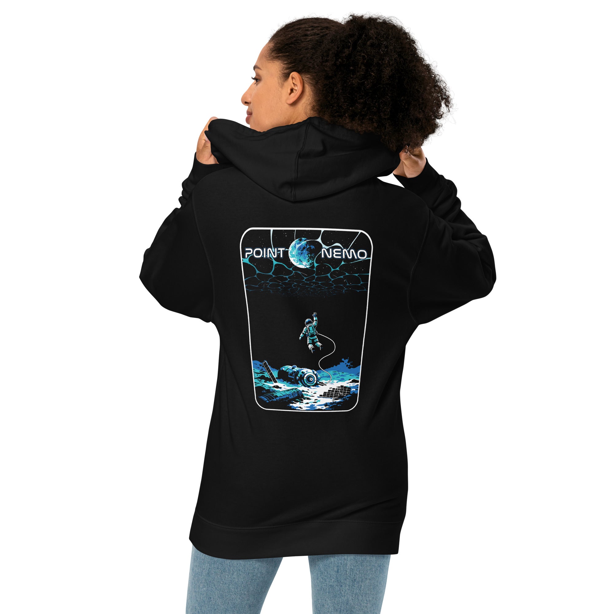 "Point Nemo" garment-dyed heavyweight hoodie, back view on female model, featuring the large "Point Nemo" astronaut and sunken satellite wreckage graphic across the back – "Haunted Seas" Series by 17th & Surf