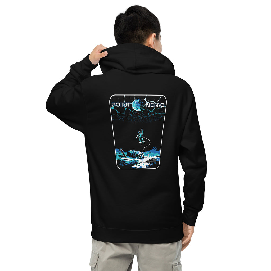 "Point Nemo" garment-dyed heavyweight hoodie, back view on male model, featuring the large "Point Nemo" astronaut and sunken satellite wreckage graphic across the back – "Haunted Seas" Series by 17th & Surf