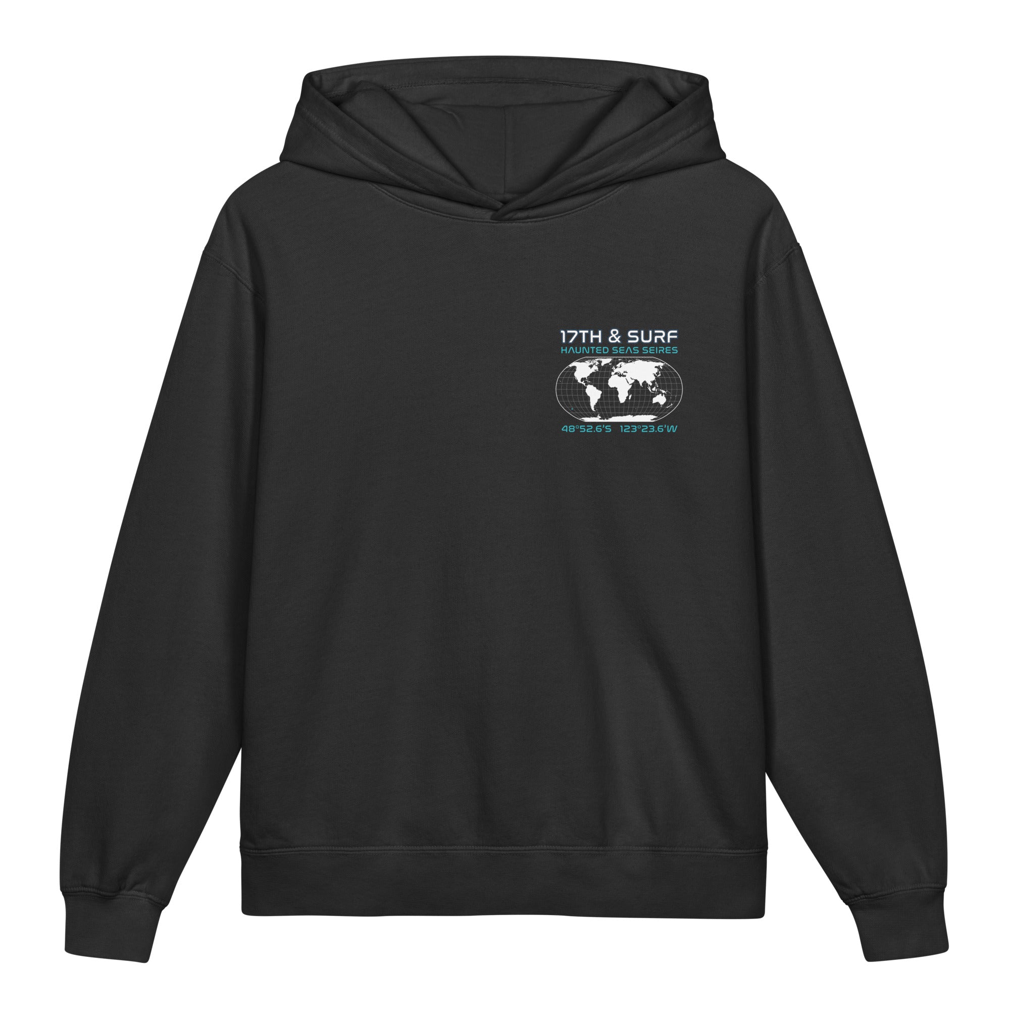 "Point Nemo" kid's hoodie, front view, featuring the Haunted Seas Series world map patch with coordinates 48°52.6'S 123°23.6'W on the chest – "Haunted Seas" Series by 17th & Surf