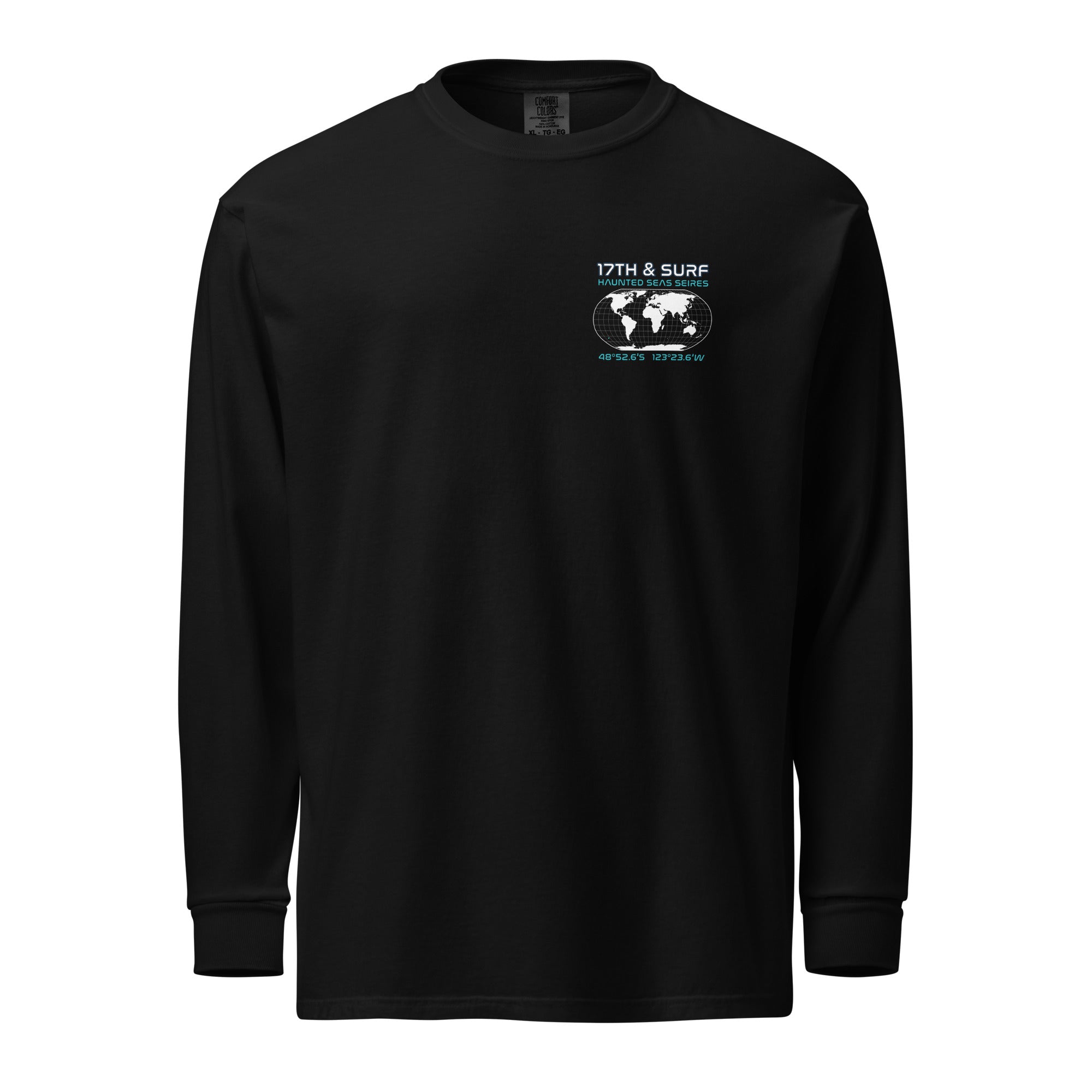 "Point Nemo" garment-dyed heavyweight long sleeve shirt, front flat lay, featuring the Haunted Seas Series world map patch with coordinates 48°52.6'S 123°23.6'W on the chest – "Haunted Seas" Series by 17th & Surf