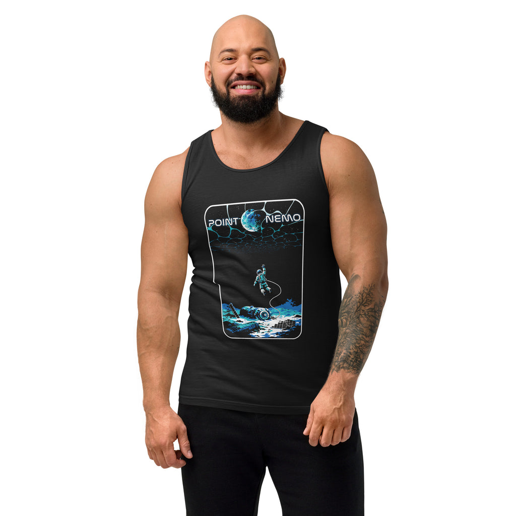 "Point Nemo" garment-dyed tank top, front view on male model, featuring the large "Point Nemo" astronaut and sunken satellite wreckage graphic on the chest – "Haunted Seas" Series by 17th & Surf
