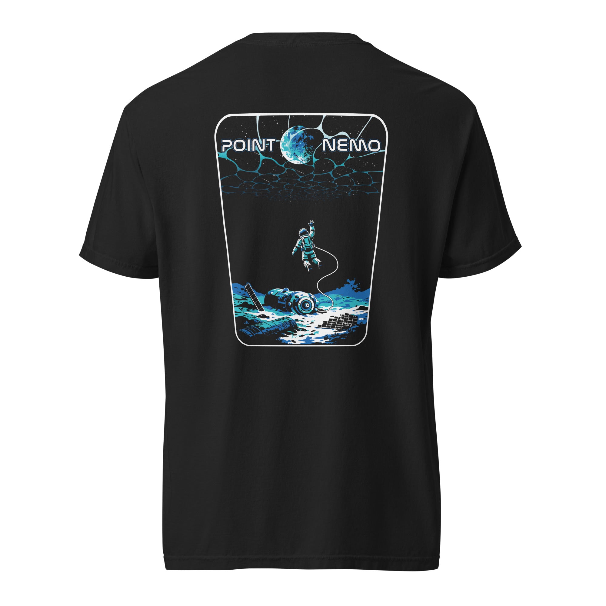 "Point Nemo" garment-dyed heavyweight tee, back flat lay, featuring the large "Point Nemo" graphic of an astronaut tethered to sunken satellite wreckage on the ocean floor beneath Earth and a starry sky – "Haunted Seas" Series by 17th & Surf