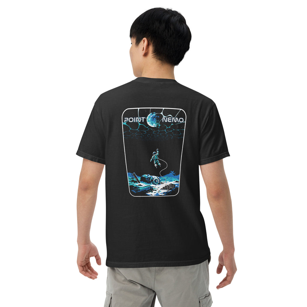 "Point Nemo" garment-dyed heavyweight tee, back view on male model, featuring the large "Point Nemo" astronaut and sunken satellite wreckage graphic across the back – "Haunted Seas" Series by 17th & Surf