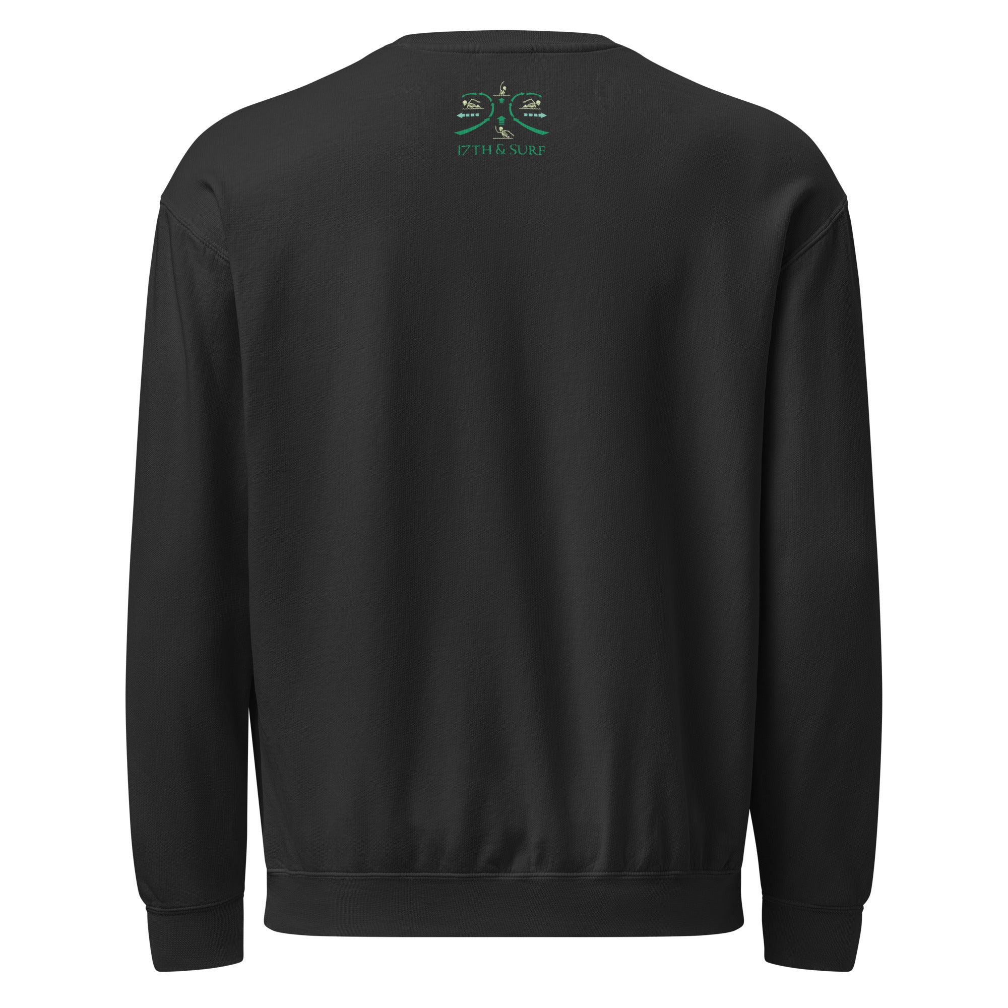 "RIP Current" lightweight crewneck sweatshirt in black, back view with "17TH & SURF" emblem – 17th & Surf