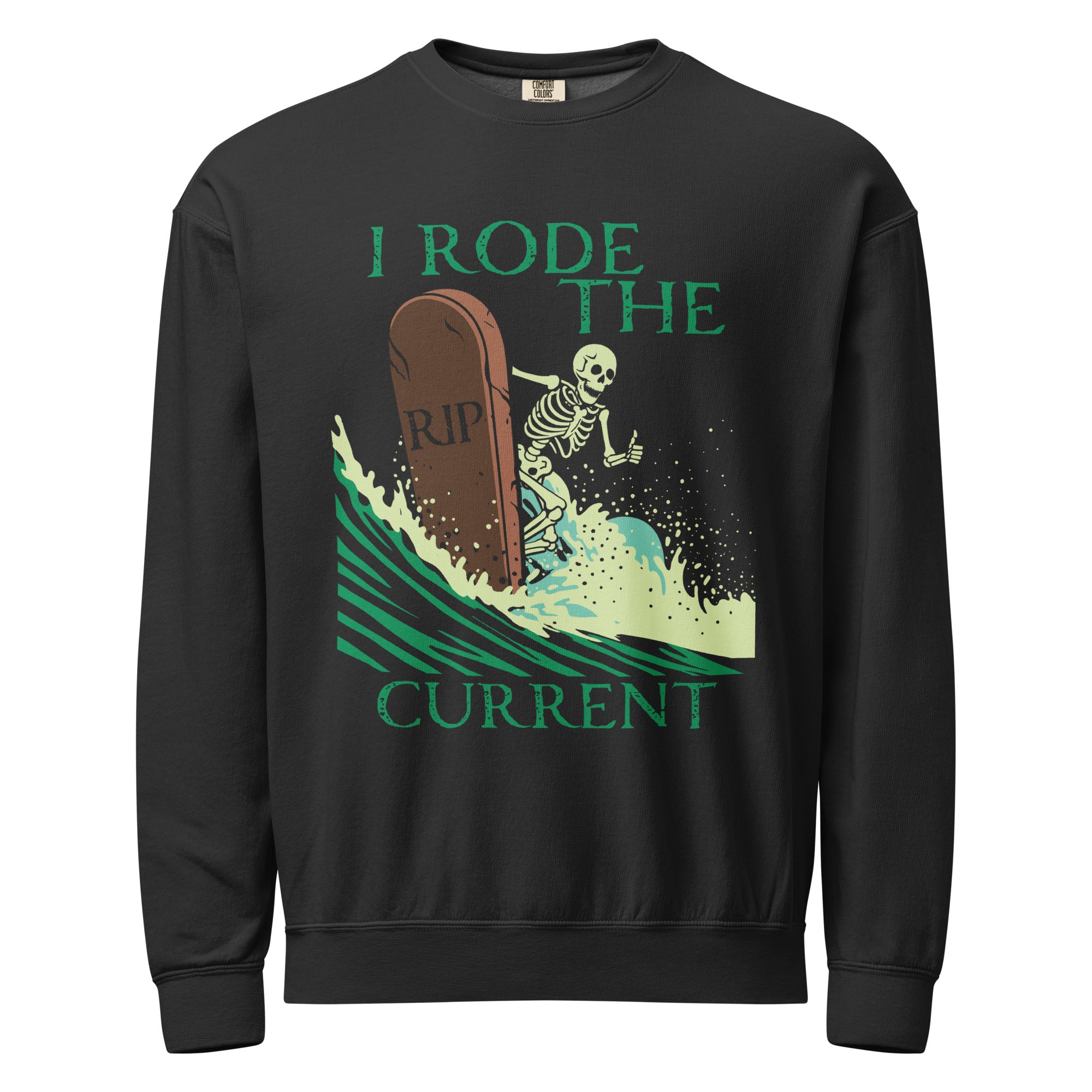 "RIP Current" lightweight crewneck sweatshirt in black, front view showing skeleton surfing a "RIP" tombstone "I Rode the Current" graphic – 17th & Surf