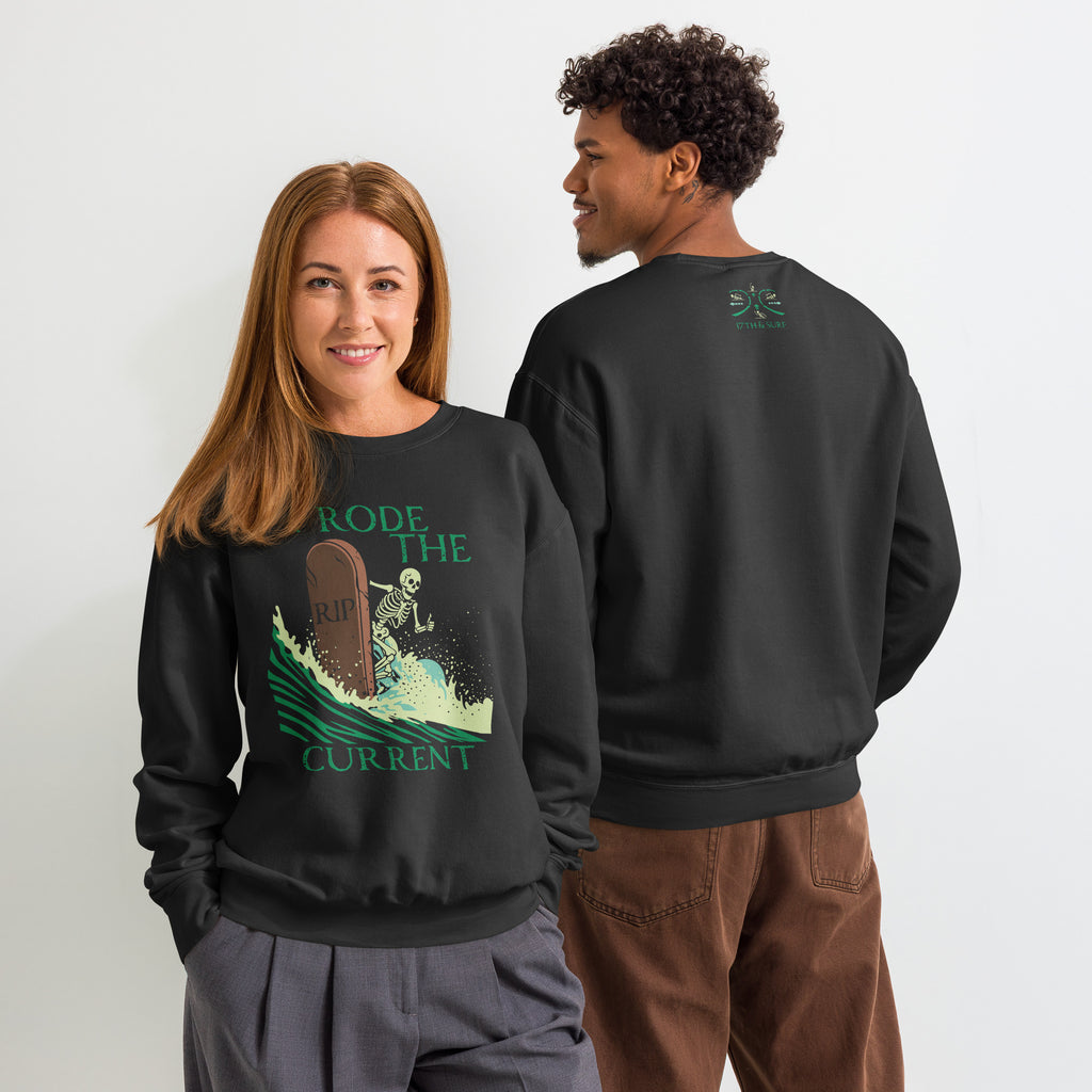 Models wearing "RIP Current" lightweight crewneck sweatshirt in black, front view with "I Rode the Current" graphic and back view with "17TH & SURF" emblem – 17th & Surf