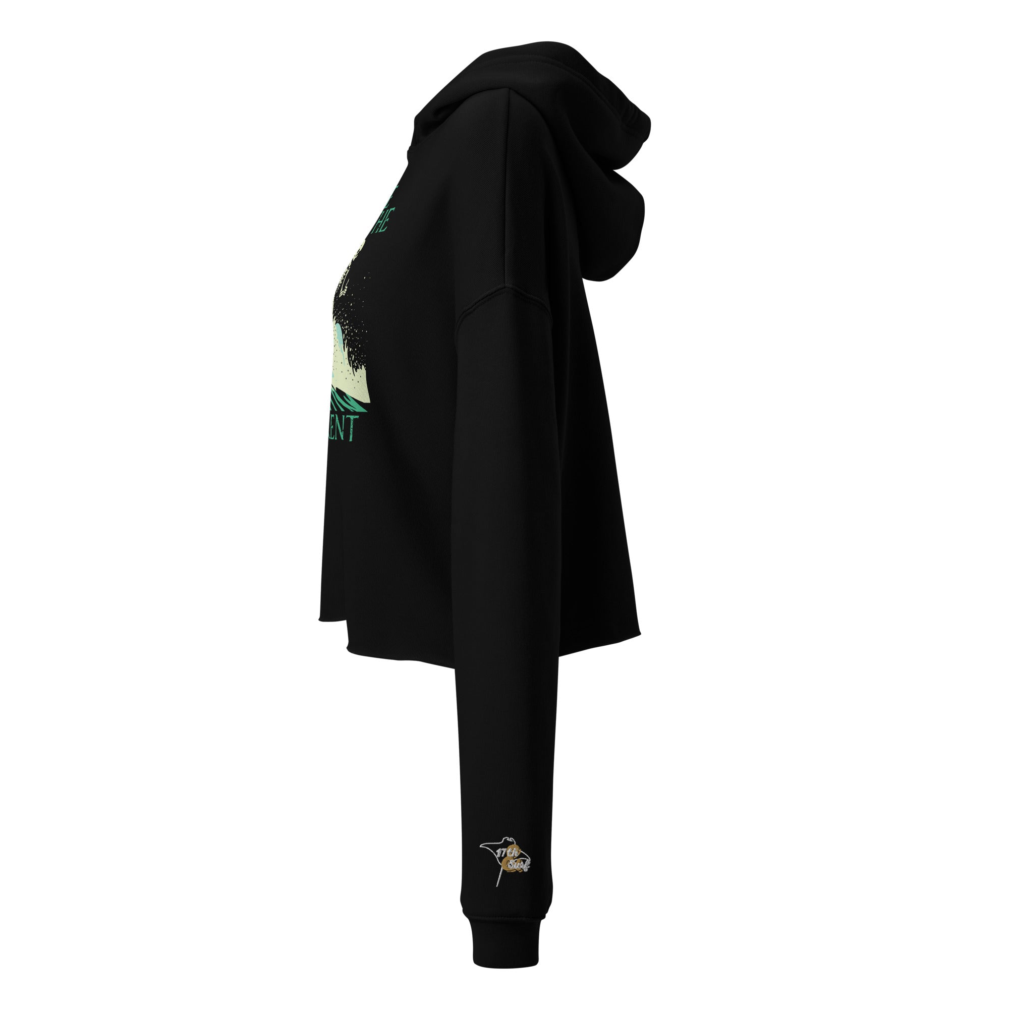 "RIP Current" women's crop hoodie in black, side view showing "17TH & SURF" sleeve emblem and edge of "I Rode the Current" graphic – 17th & Surf