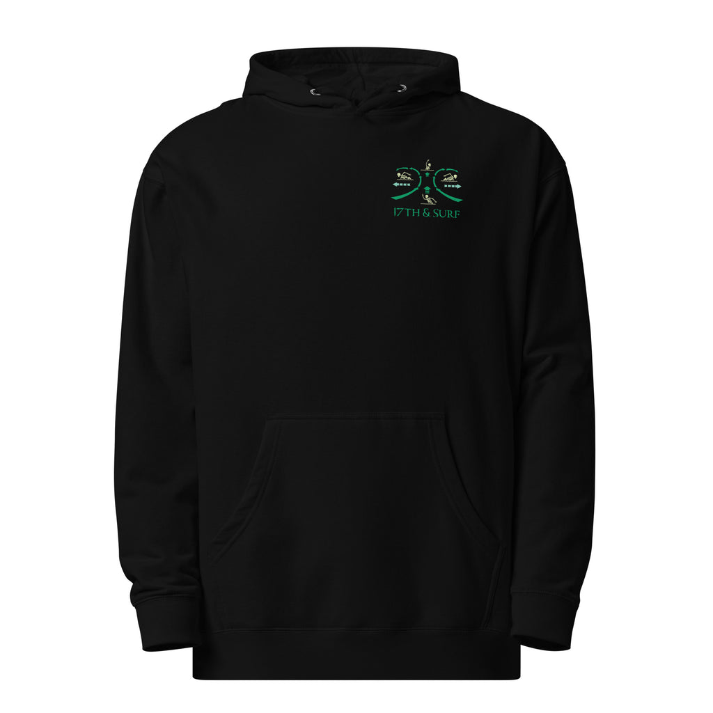 "RIP Current" garment-dyed heavyweight hoodie flat lay front view in black with small "17TH & SURF" emblem chest logo – 17th & Surf