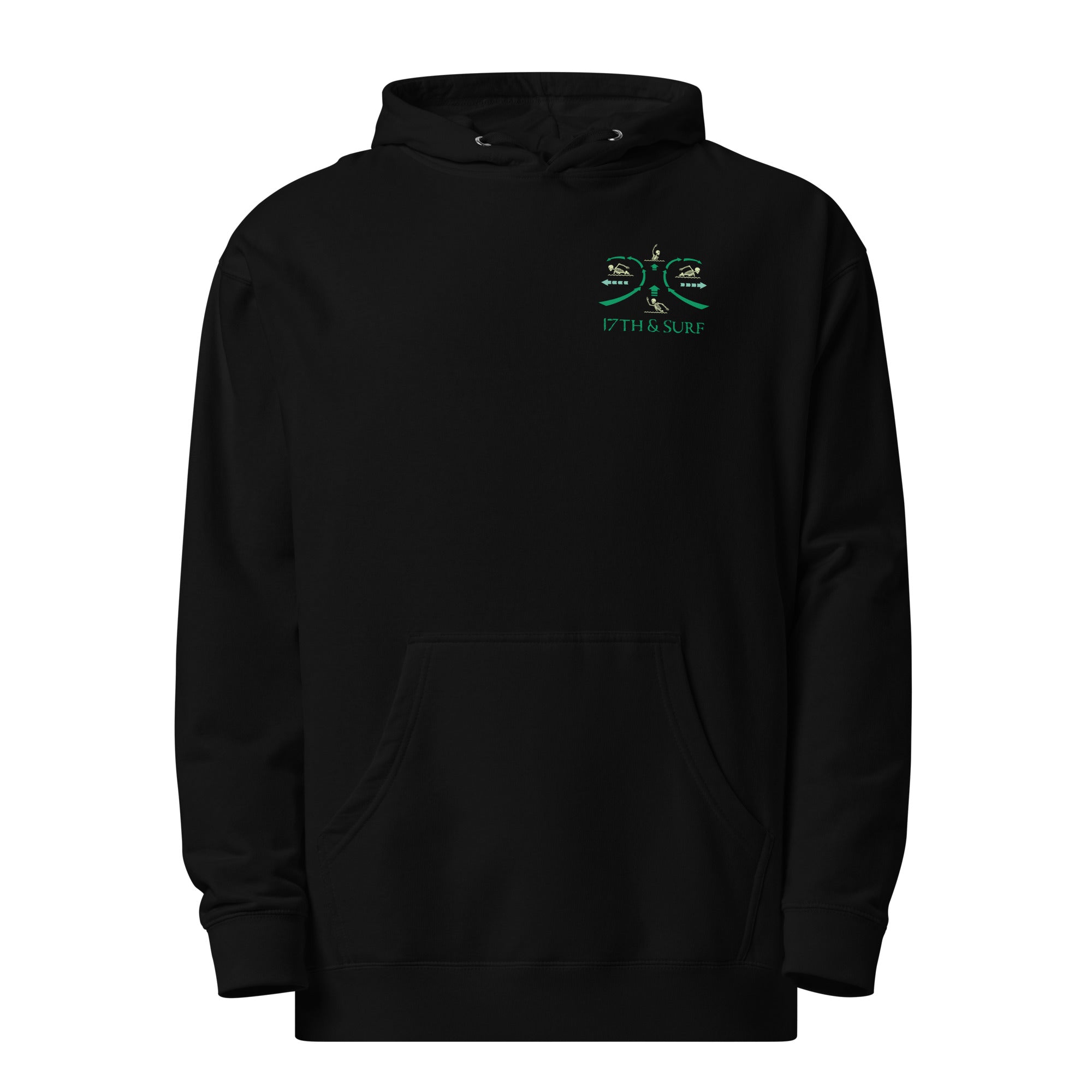 "RIP Current" garment-dyed heavyweight hoodie flat lay front view in black with small "17TH & SURF" emblem chest logo – 17th & Surf