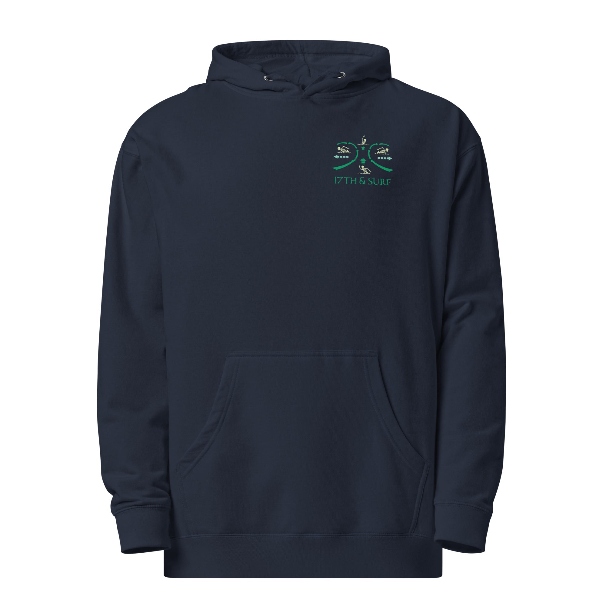 "RIP Current" garment-dyed heavyweight hoodie flat lay front view in classic navy with small "17TH & SURF" emblem chest logo – 17th & Surf