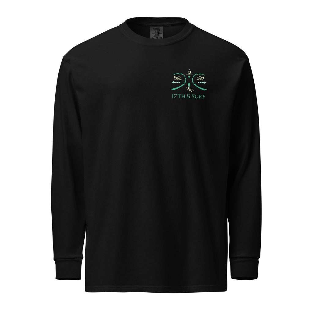 "RIP Current" garment-dyed heavyweight long sleeve shirt in black, front view with "17TH & SURF" emblem chest logo – 17th & Surf