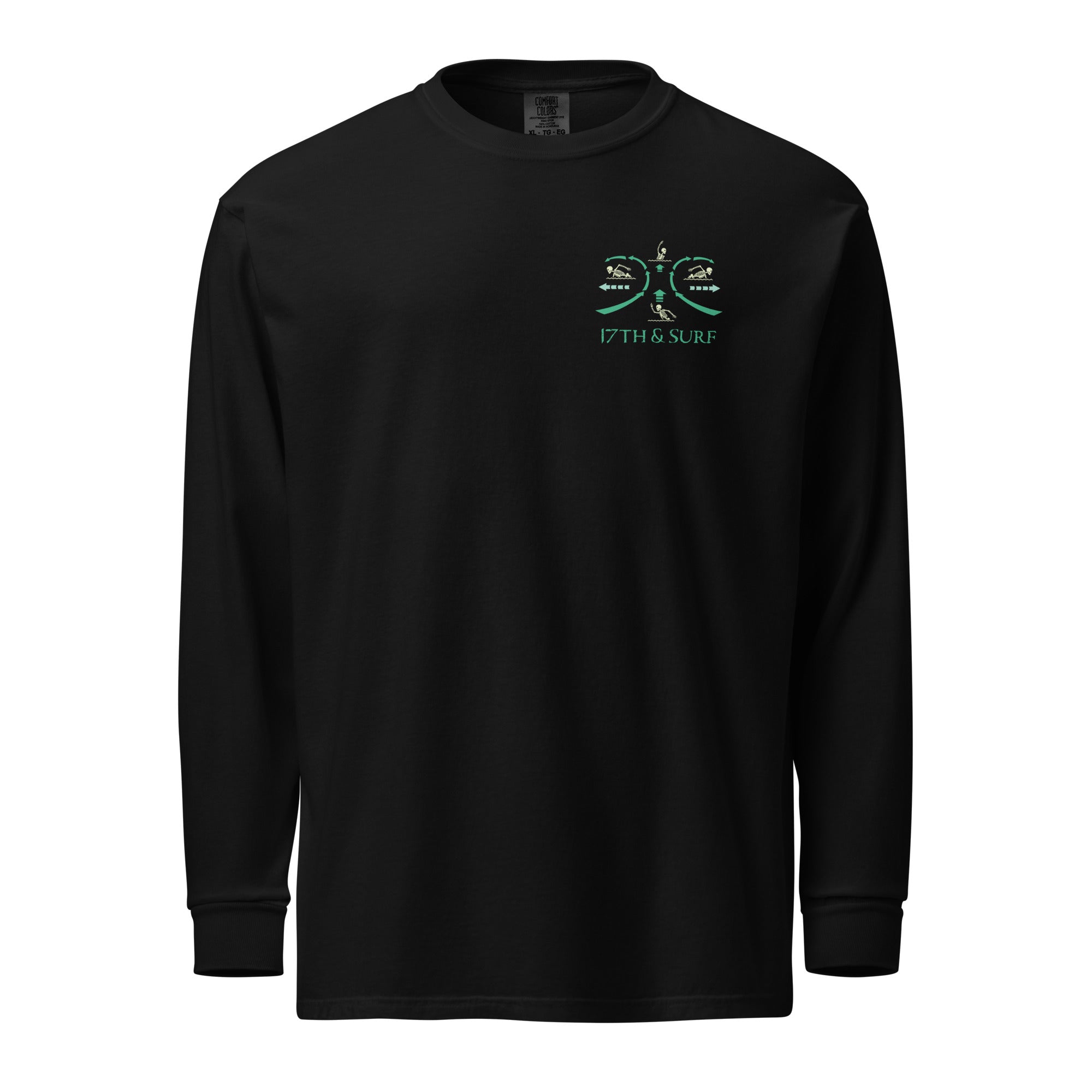 "RIP Current" garment-dyed heavyweight long sleeve shirt in black, front view with "17TH & SURF" emblem chest logo – 17th & Surf
