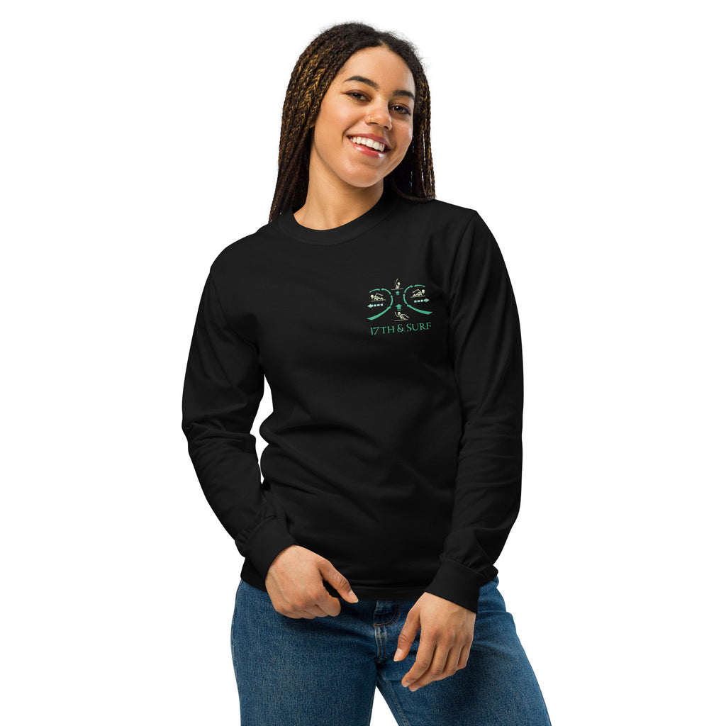 Model wearing "RIP Current" garment-dyed heavyweight long sleeve shirt in black with small "17TH & SURF" emblem chest logo – 17th & Surf