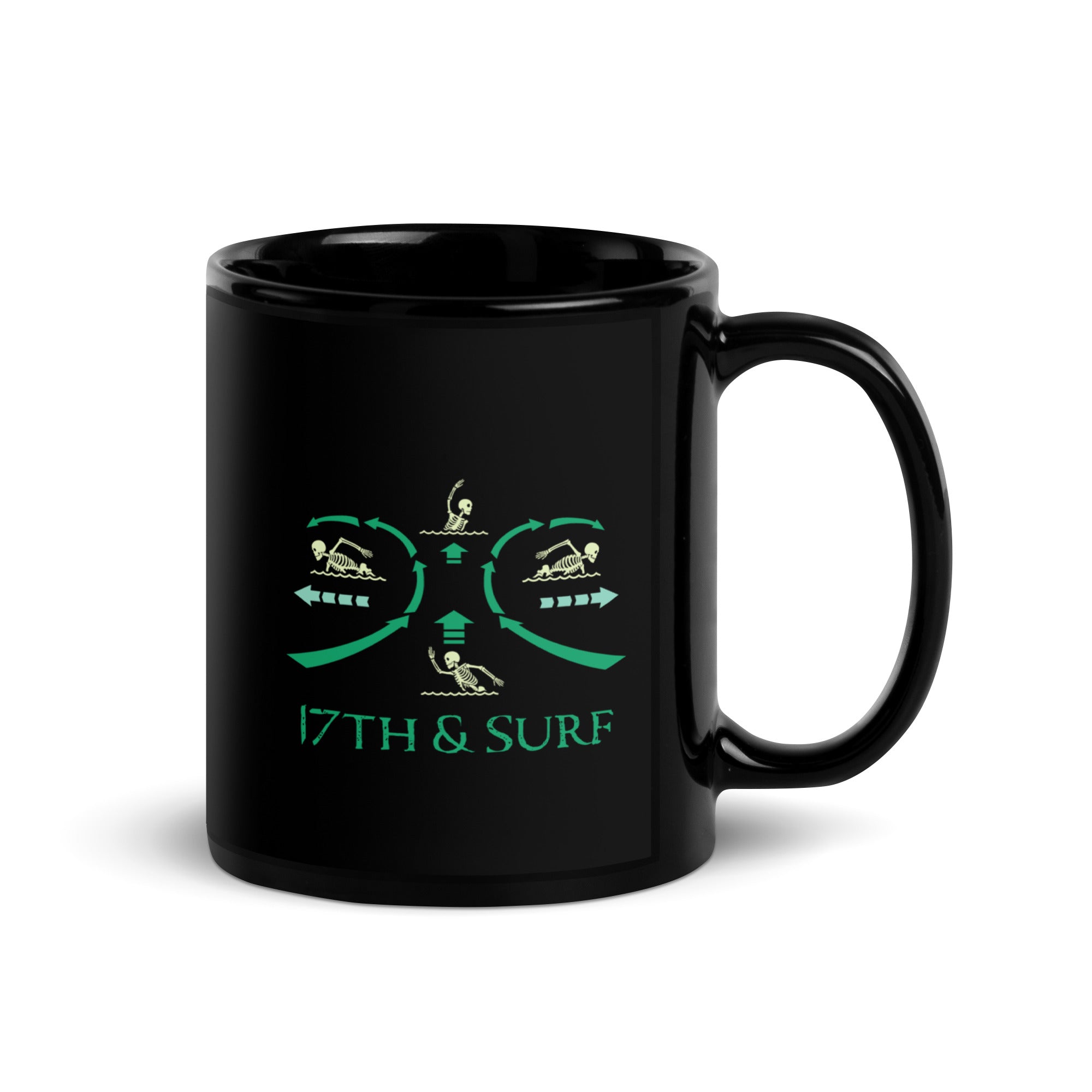 "RIP Current" black glossy 11oz mug with handle on right, showing reverse side with "17TH & SURF" swimmer emblem – 17th & Surf