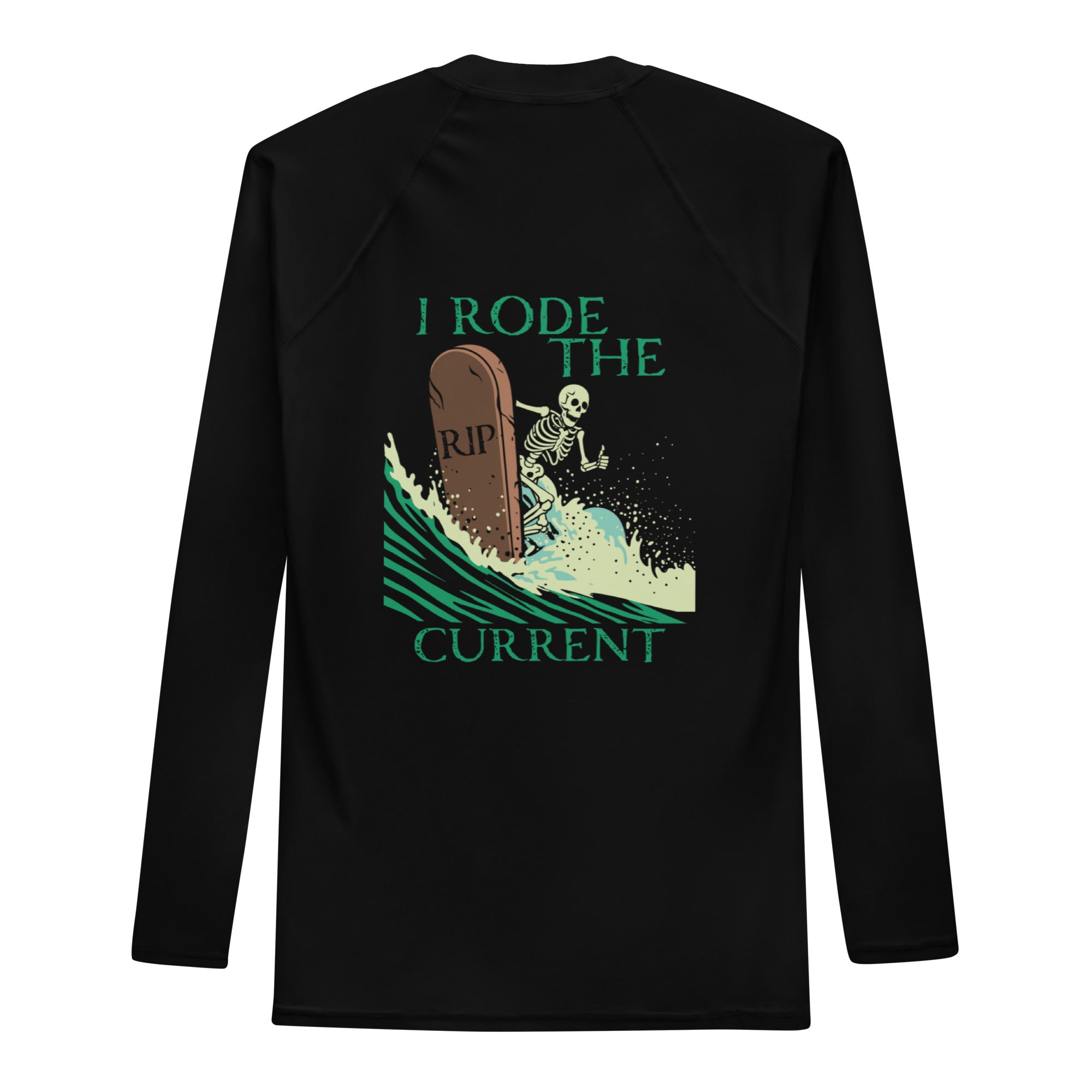 "RIP Current" black rash guard, back detail view, featuring the skeleton surfing a "RIP" tombstone through a wave, with "I Rode the RIP Current" text graphic – 17th & Surf