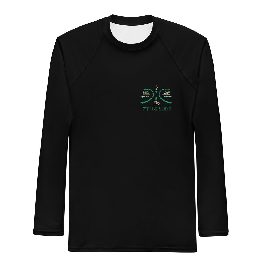 "RIP Current" black rash guard, front detail view, featuring the small "17TH & SURF" emblem chest logo showing how to escape real Rip Currents – 17th & Surf