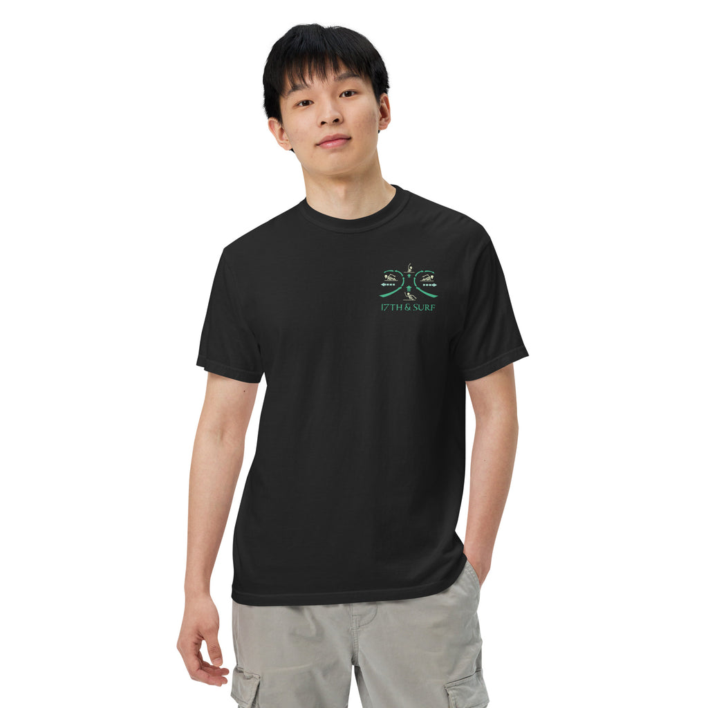 Model wearing "RIP Current" garment-dyed heavyweight tee in black with small "17TH & SURF" emblem chest logo – 17th & Surf