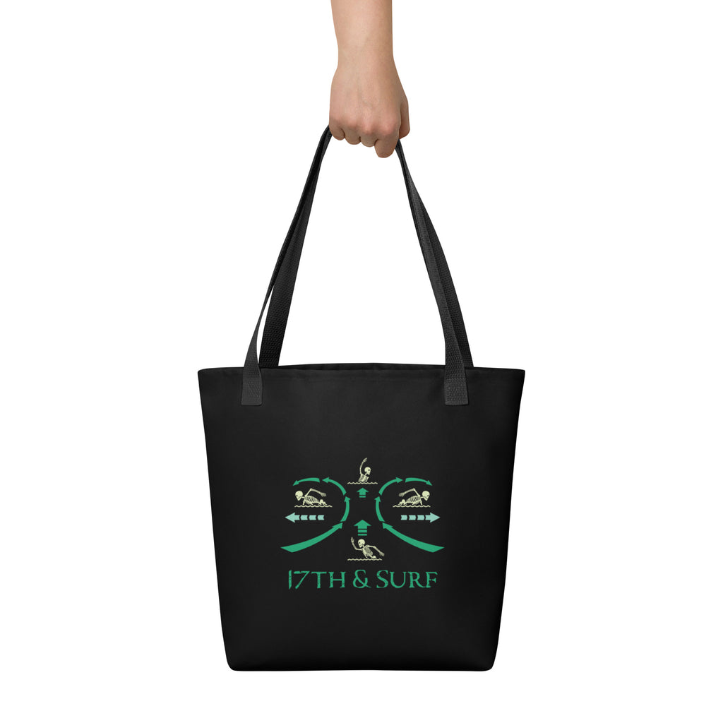"RIP Current" all-over print tote bag in black, held up showing reverse side with "17TH & SURF" swimmer emblem – 17th & Surf
