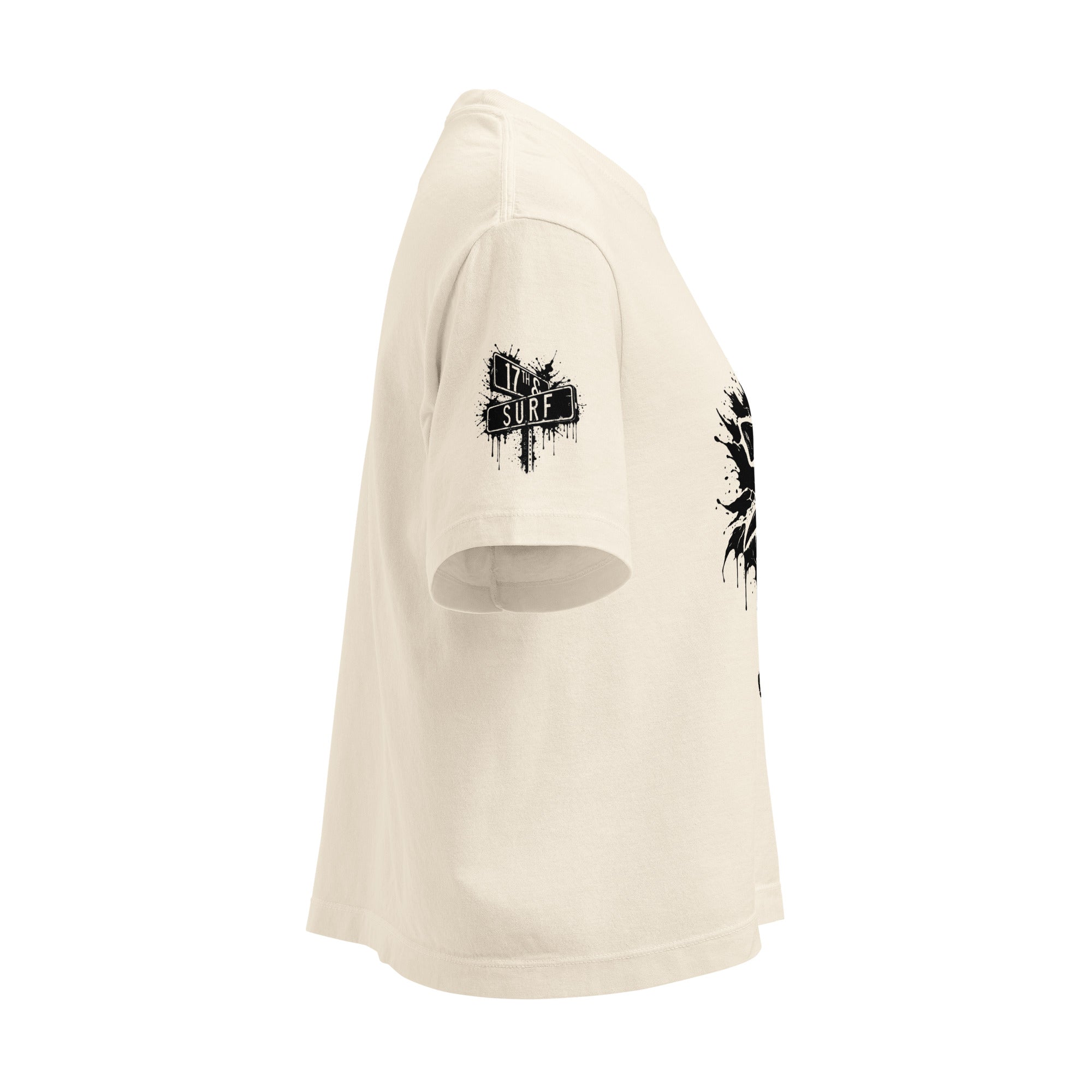 Rorschach Series Hammerhead women's heavyweight boxy tee right angle in ivory showing small "17th & Surf" sleeve logo – 17th & Surf