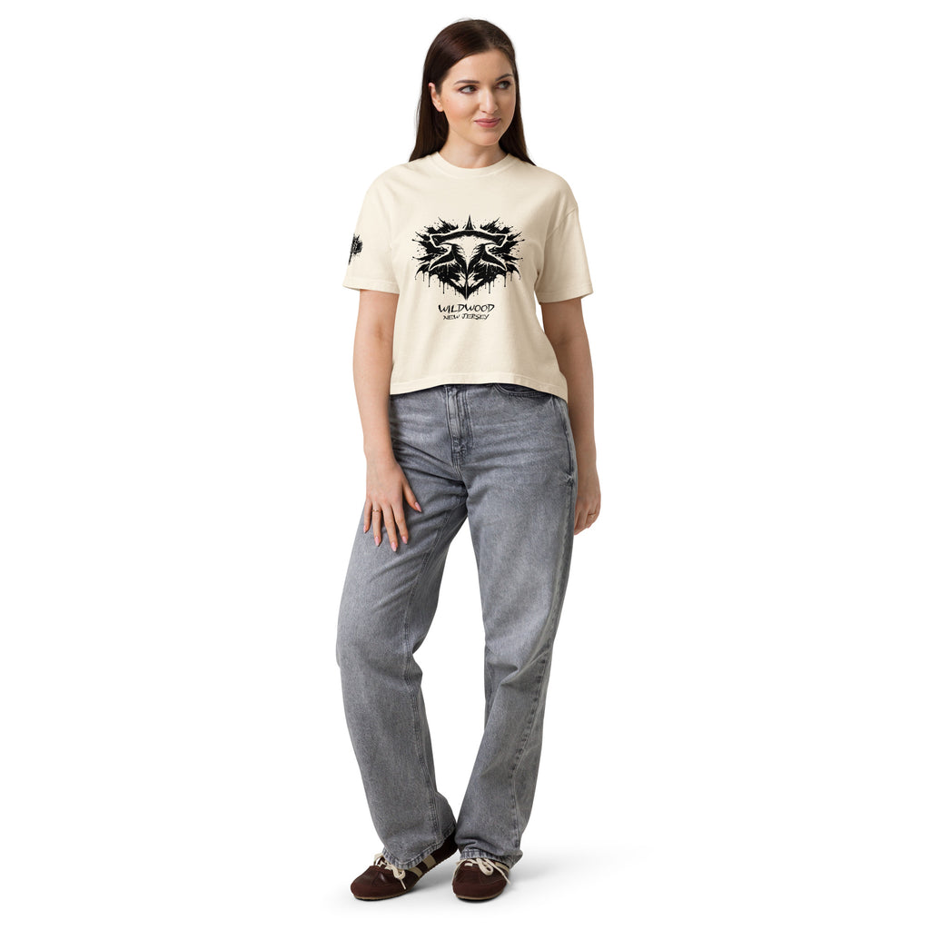 Rorschach Series Hammerhead women's heavyweight boxy tee second front view in ivory featuring black Rorschach ink-blot hammerhead shark design with "Wildwood New Jersey" text – 17th & Surf