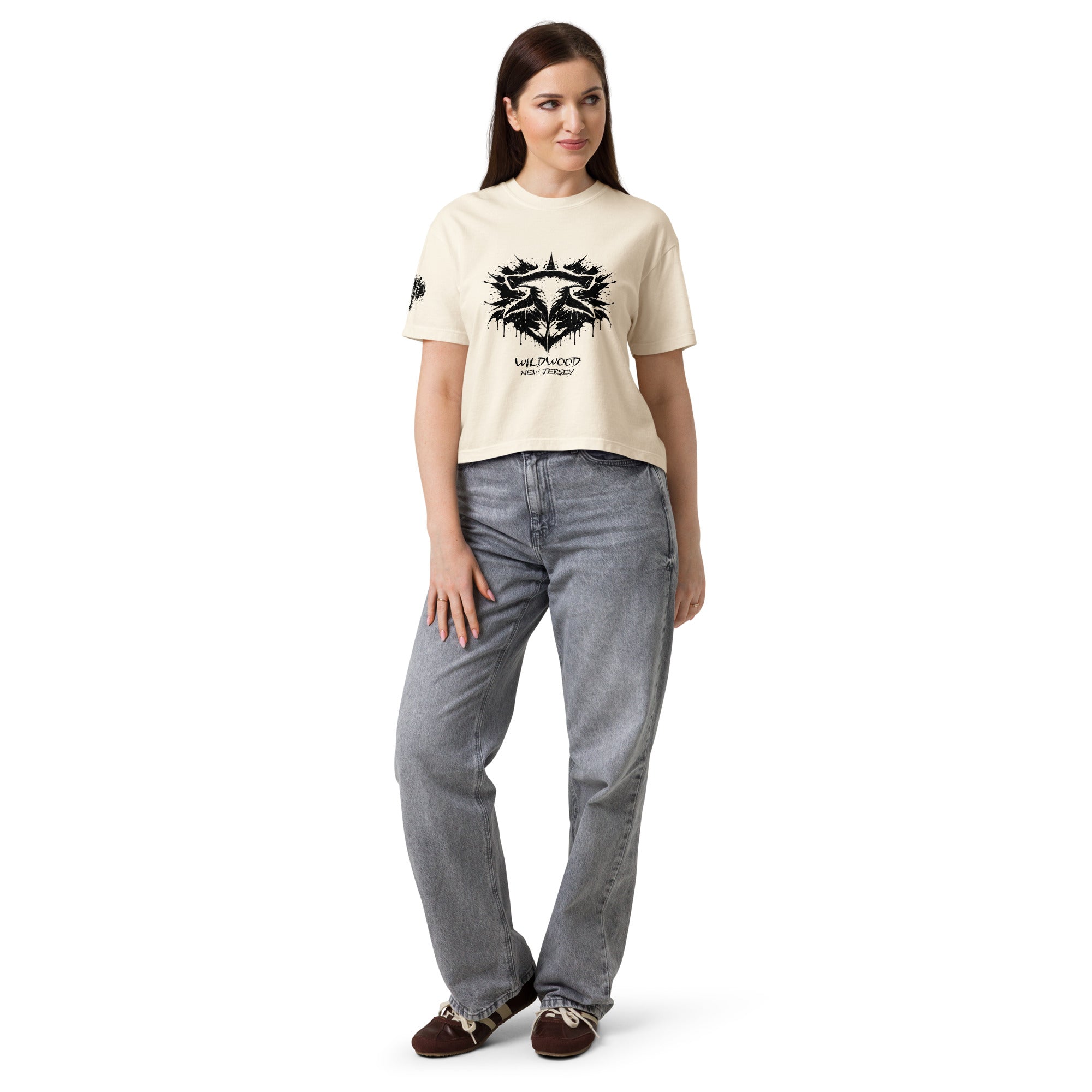 Rorschach Series Hammerhead women's heavyweight boxy tee second front view in ivory featuring black Rorschach ink-blot hammerhead shark design with "Wildwood New Jersey" text – 17th & Surf