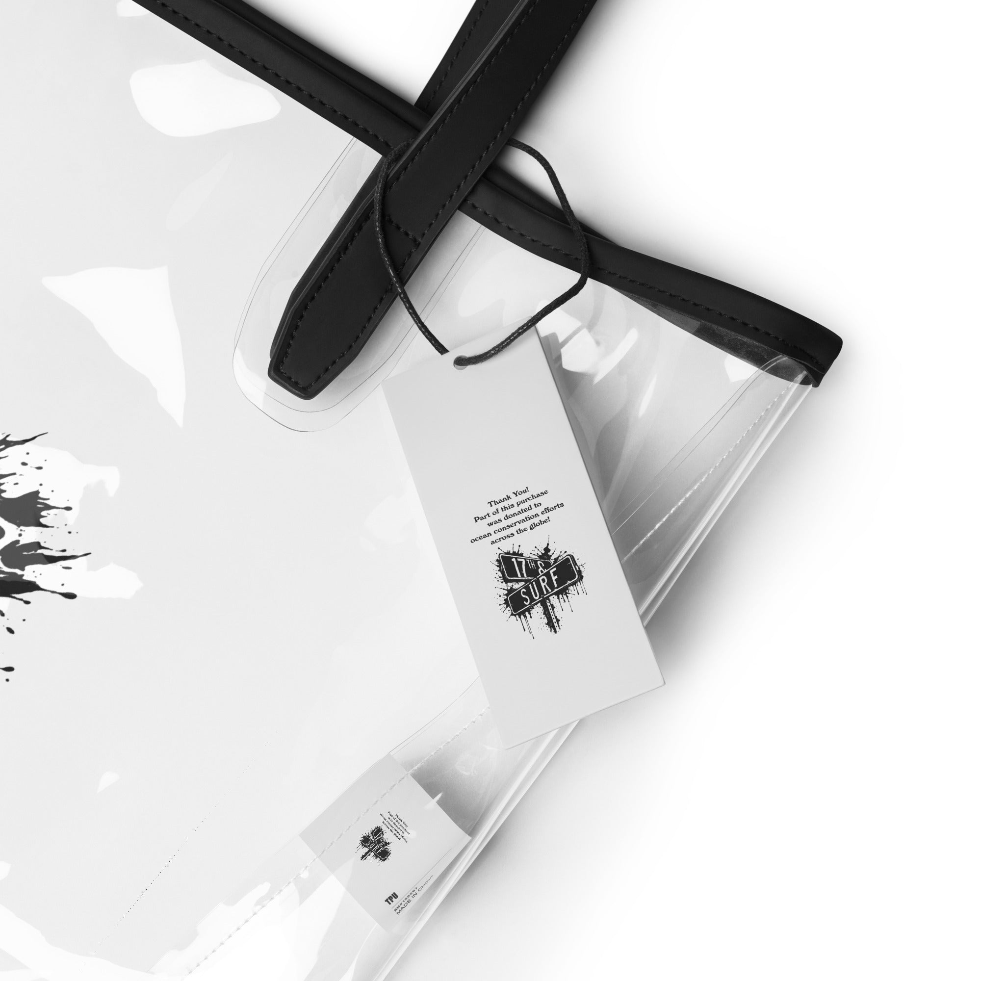 Rorschach Series Hammerhead clear stadium tote bag product detail view showing hangtag with "17th & Surf" logo – 17th & Surf