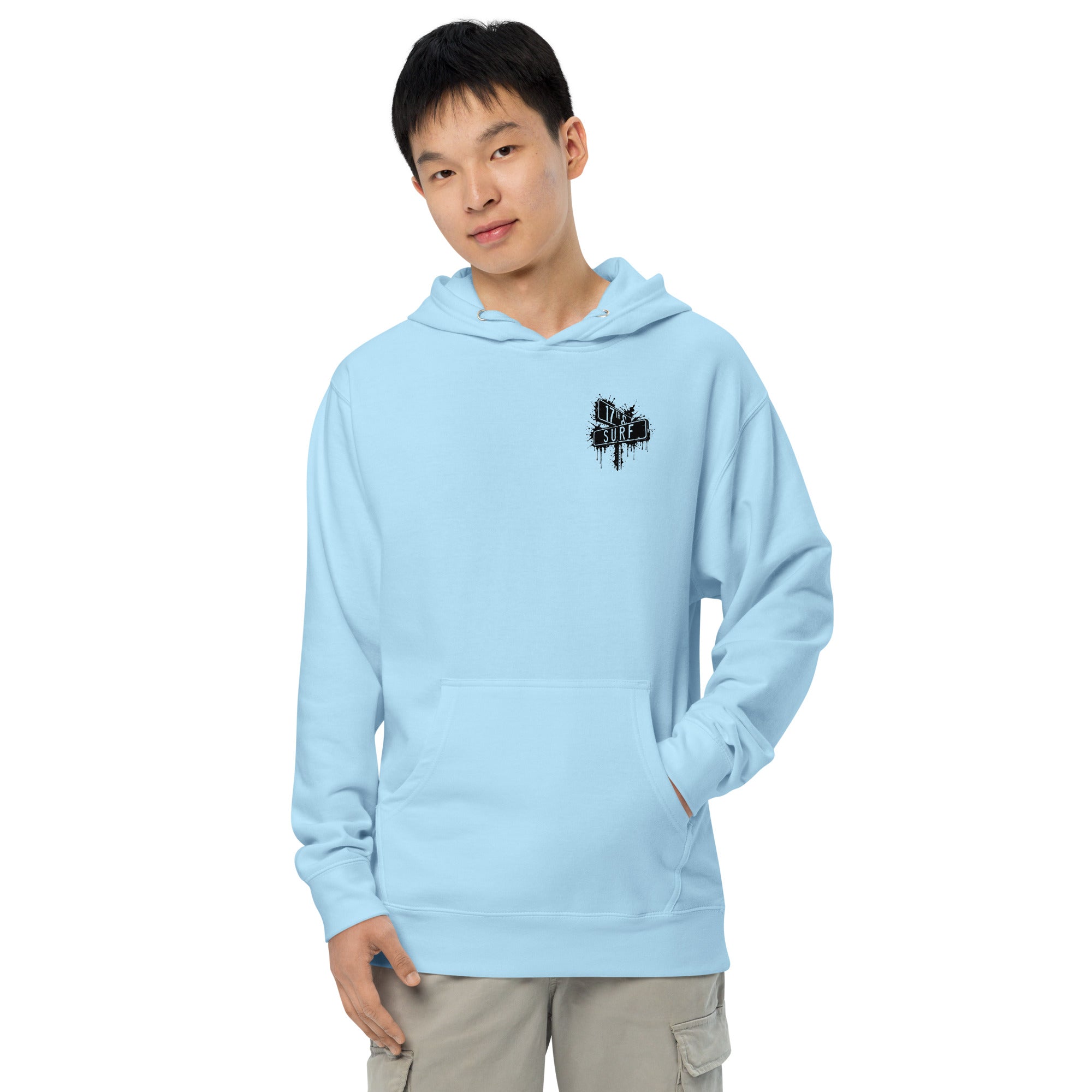 Rorschach Series Hammerhead garment-dyed heavyweight hoodie second front view in aqua blue showing small "17th & Surf" street sign chest logo – 17th & Surf