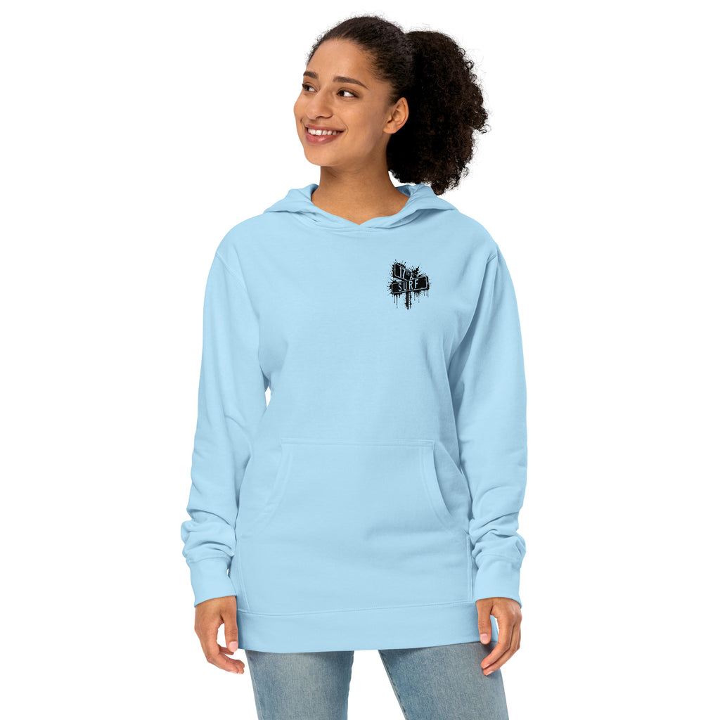 Rorschach Series Hammerhead garment-dyed heavyweight hoodie third front view in aqua blue showing small "17th & Surf" street sign chest logo – 17th & Surf