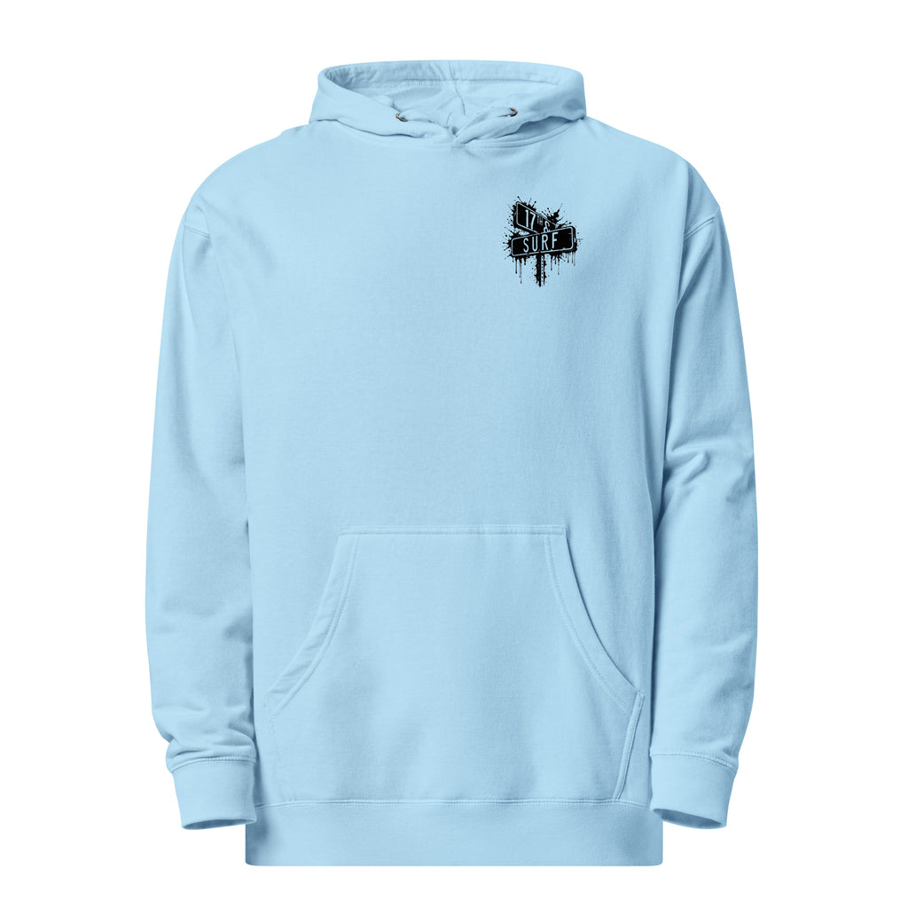 Rorschach Series Hammerhead garment-dyed heavyweight hoodie front view in aqua blue showing small "17th & Surf" street sign chest logo – 17th & Surf