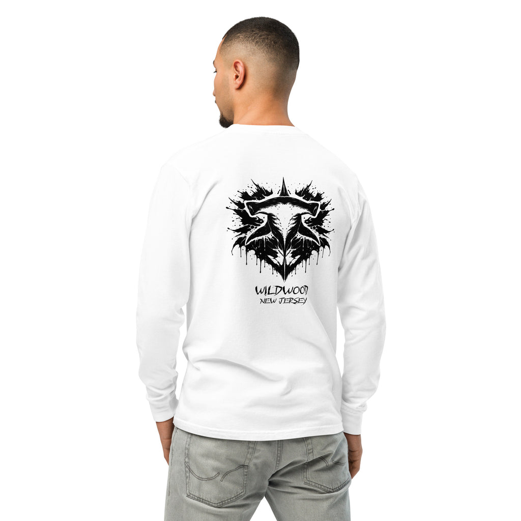 Rorschach Series Hammerhead garment-dyed heavyweight long sleeve shirt second back view in white featuring black Rorschach ink-blot hammerhead shark design with "Wildwood New Jersey" text – 17th & Surf