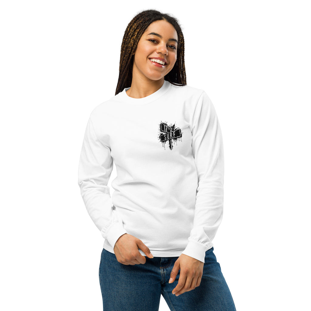 Rorschach Series Hammerhead garment-dyed heavyweight long sleeve shirt second front view in white showing small "17th & Surf" street sign chest logo – 17th & Surf