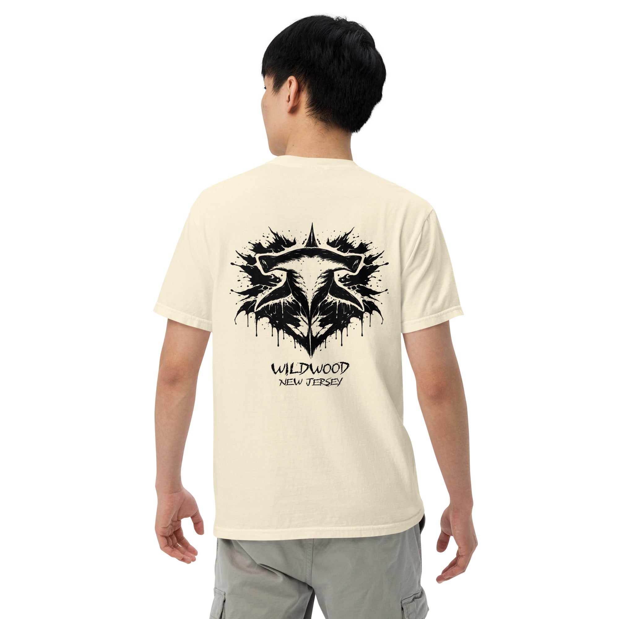 Rorschach Series Hammerhead garment-dyed heavyweight tee second back view in ivory featuring black Rorschach ink-blot hammerhead shark design with "Wildwood New Jersey" text – 17th & Surf