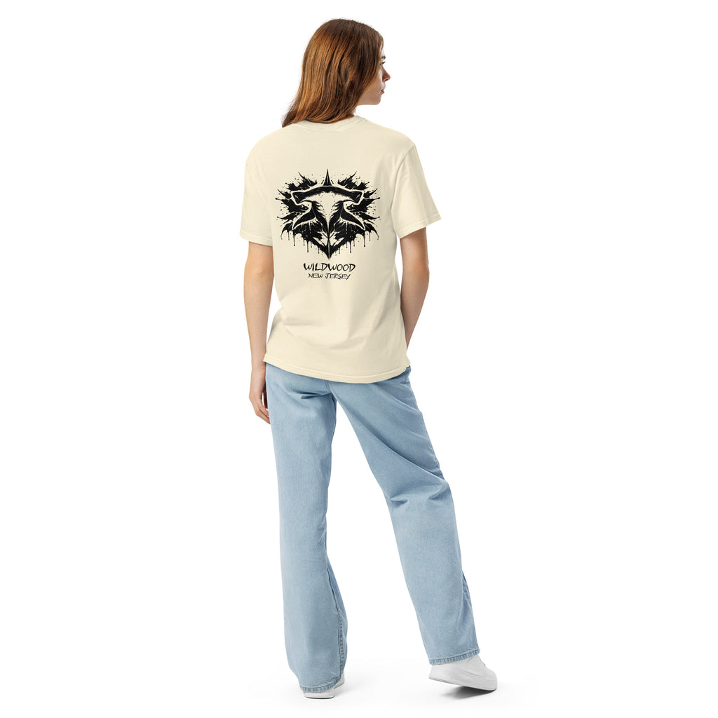 Rorschach Series Hammerhead garment-dyed heavyweight tee third back view in ivory featuring black Rorschach ink-blot hammerhead shark design with "Wildwood New Jersey" text – 17th & Surf