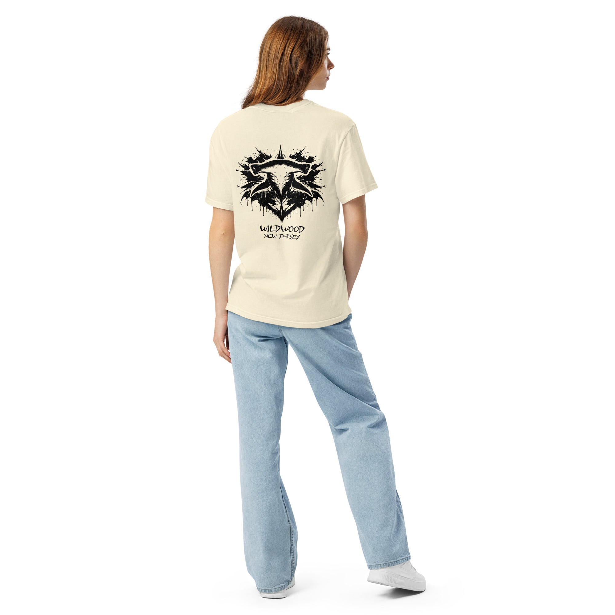 Rorschach Series Hammerhead garment-dyed heavyweight tee third back view in ivory featuring black Rorschach ink-blot hammerhead shark design with "Wildwood New Jersey" text – 17th & Surf