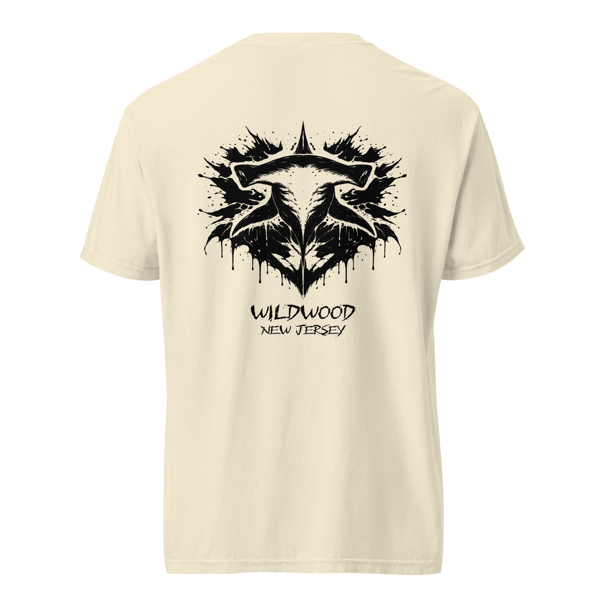 Rorschach Series Hammerhead garment-dyed heavyweight tee back view in ivory featuring black Rorschach ink-blot hammerhead shark design with "Wildwood New Jersey" text – 17th & Surf